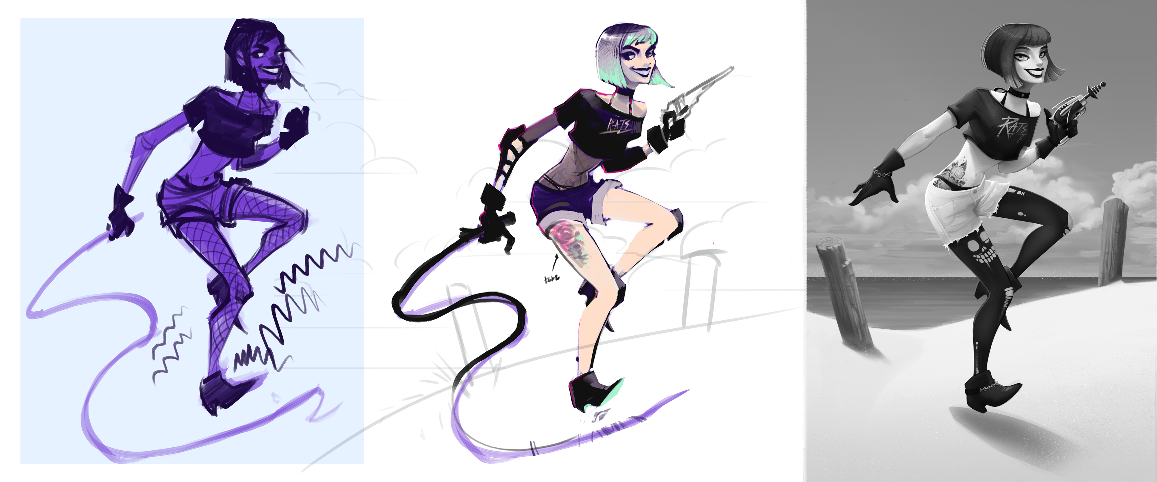 Left: initial thumbnail sketch - I liked the silhouette and movement in this thumb. Center: the cleaned-up sketch with a pop of color and outline of backdrop. Right: The final grayscale illustration.