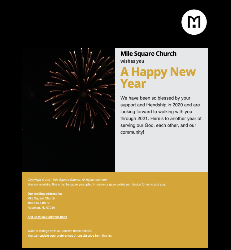 Mailchimp email for Mile Square Church