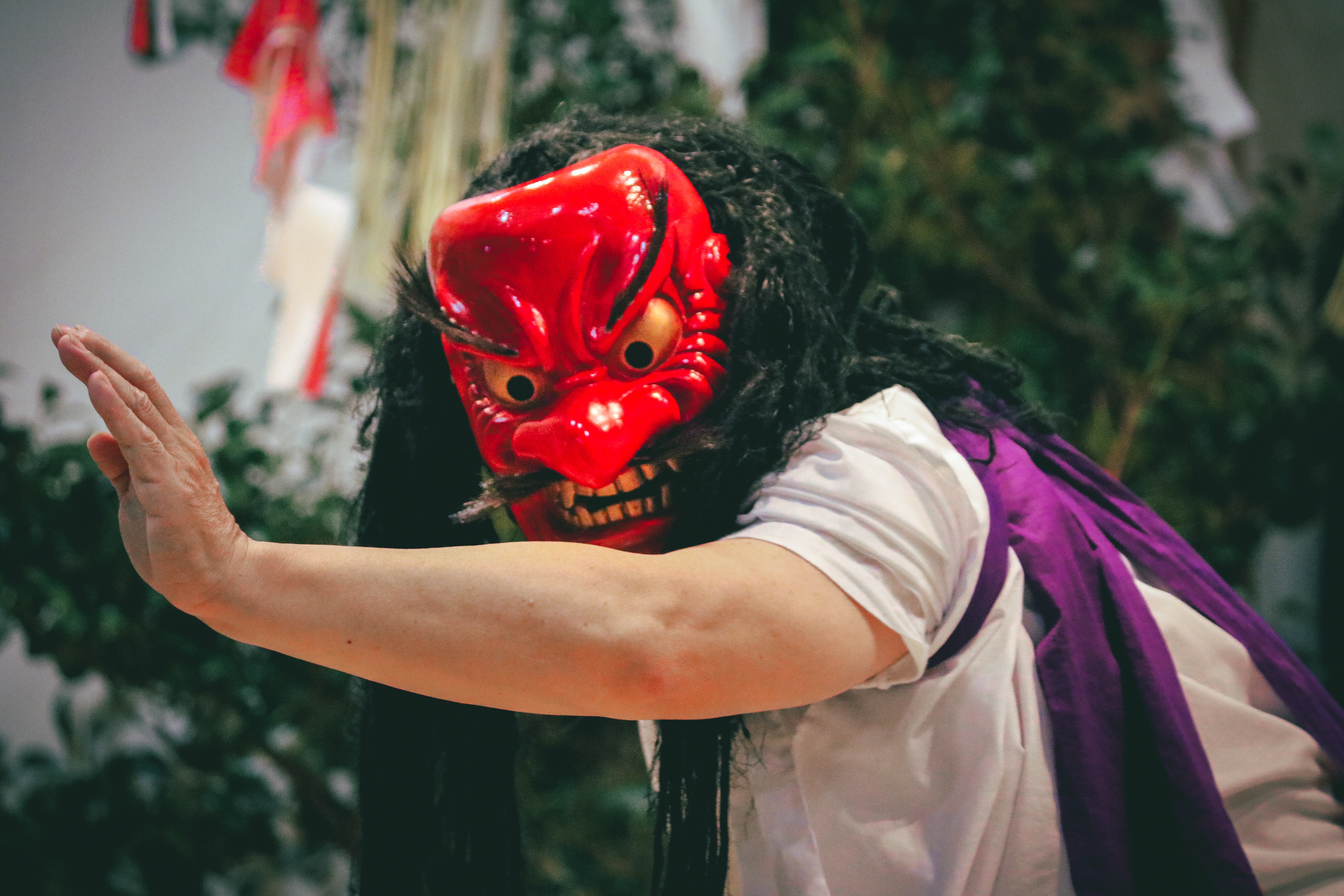 Traditional male kagura performer representing a deity, Japan, 2018