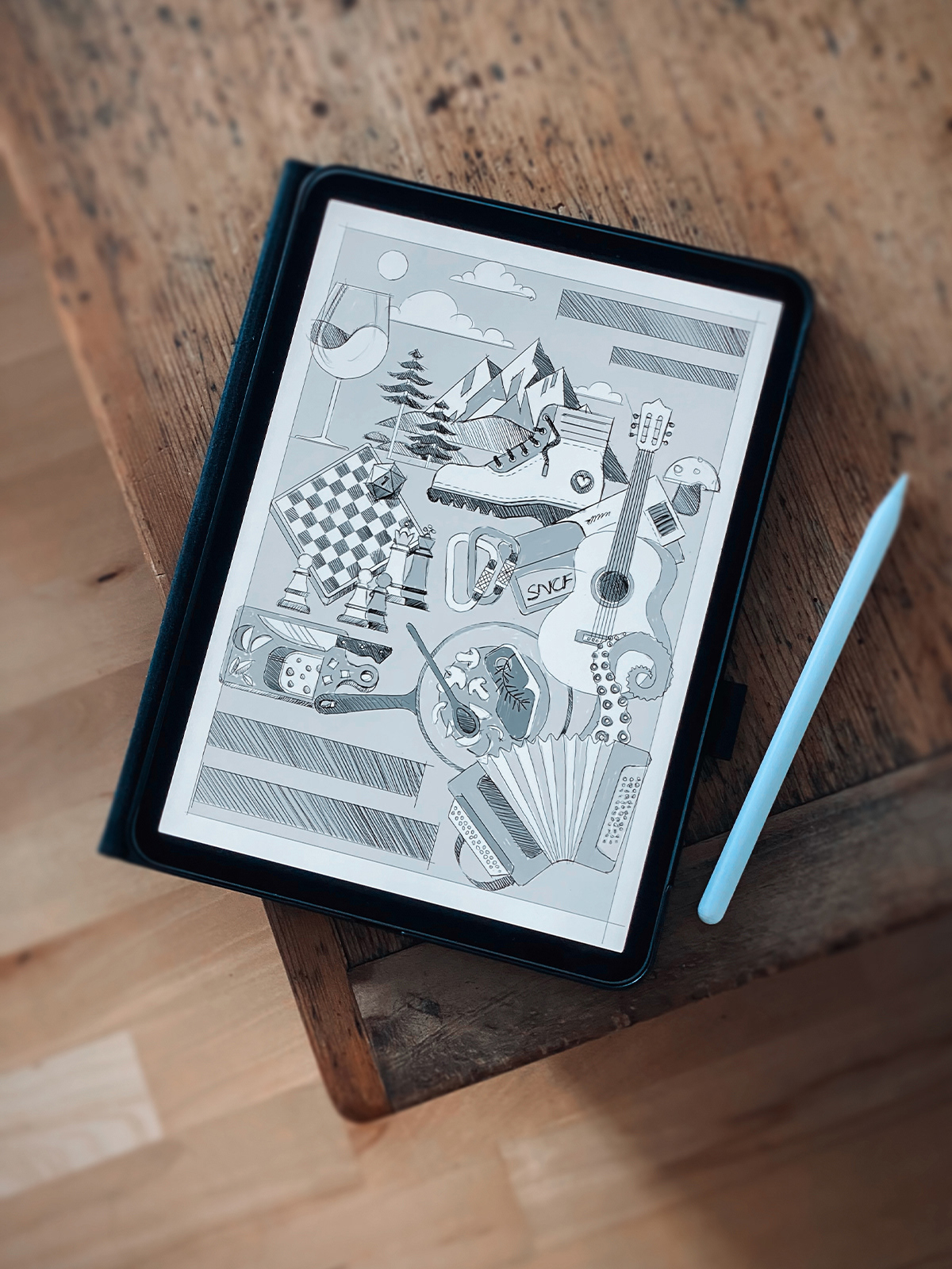 Sketch on iPad for wedding poster illustration