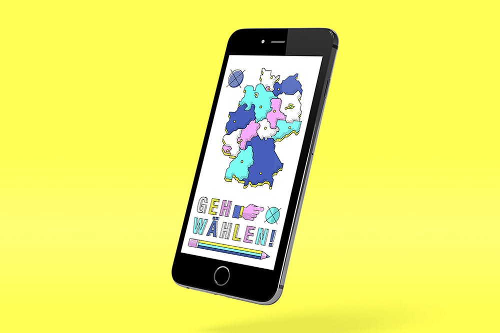 Snapchat geofilter designed by Adrian Bauer on iPhone behind yellow background