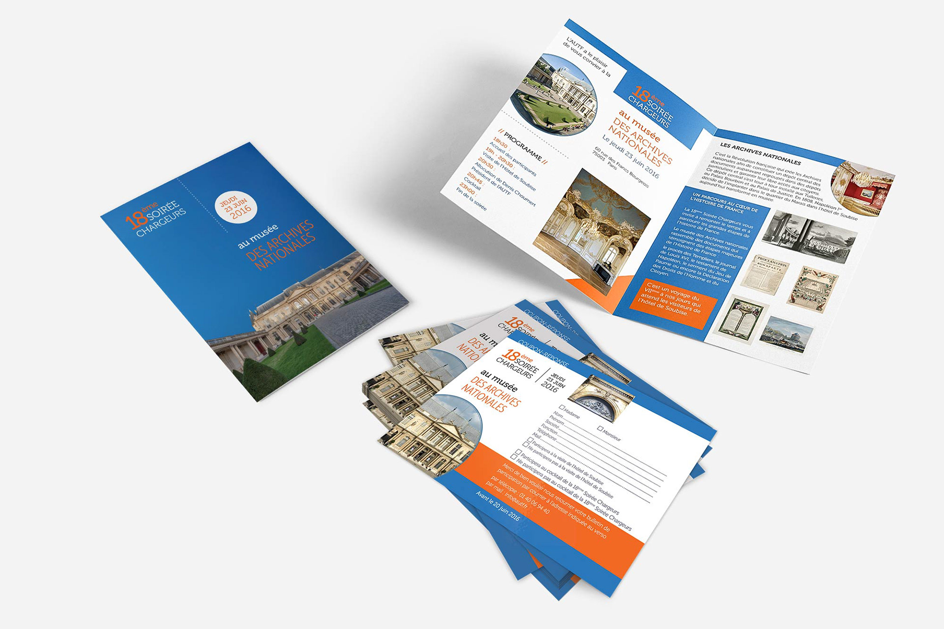 Couverture et intérieur de la carte d'invitation et verso du coupon-réponse de la Soirée Chargeurs 2016 de l'AUTF