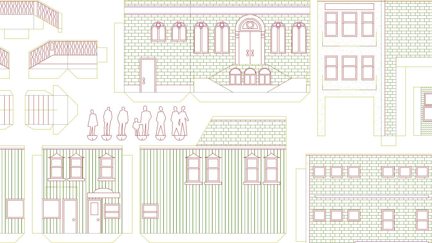 Technical drawings for part of a children's town-themed play set