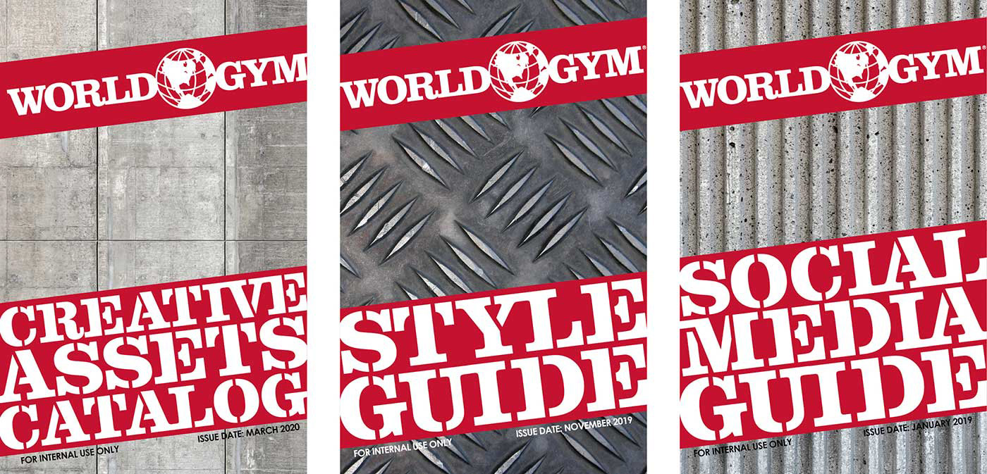 Front covers of a corporate creative assets catalog, style guide, and social media guide