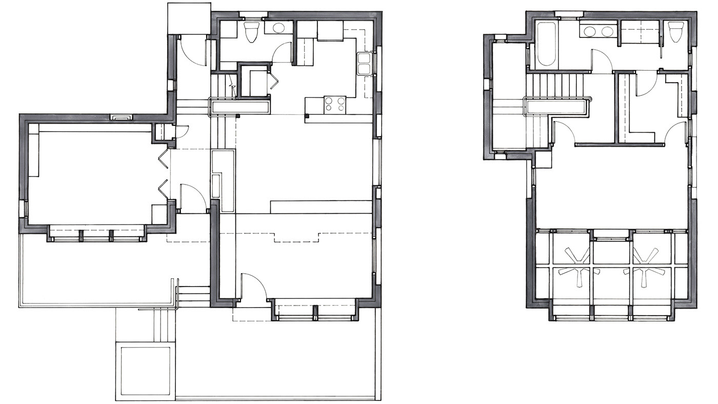 Technical ink drawing of a floor plan of a modern 2-story home