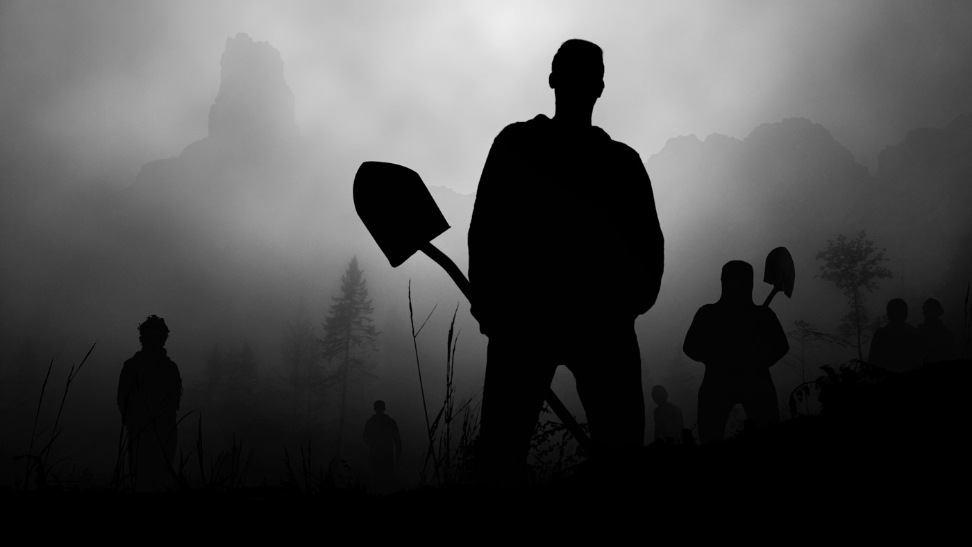An ominous-looking group of people looks down, silhouetted against the night sky, with mountains in the background