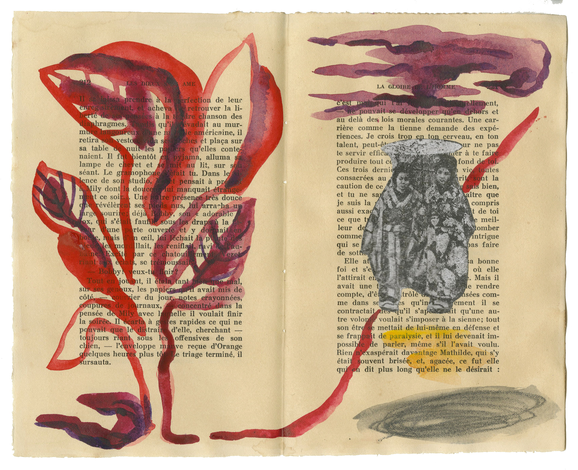 Watercolour, pencil and collage on book pages. Aquarelle, crayon et collage sur des pages de livres. 28x22,5 cm.