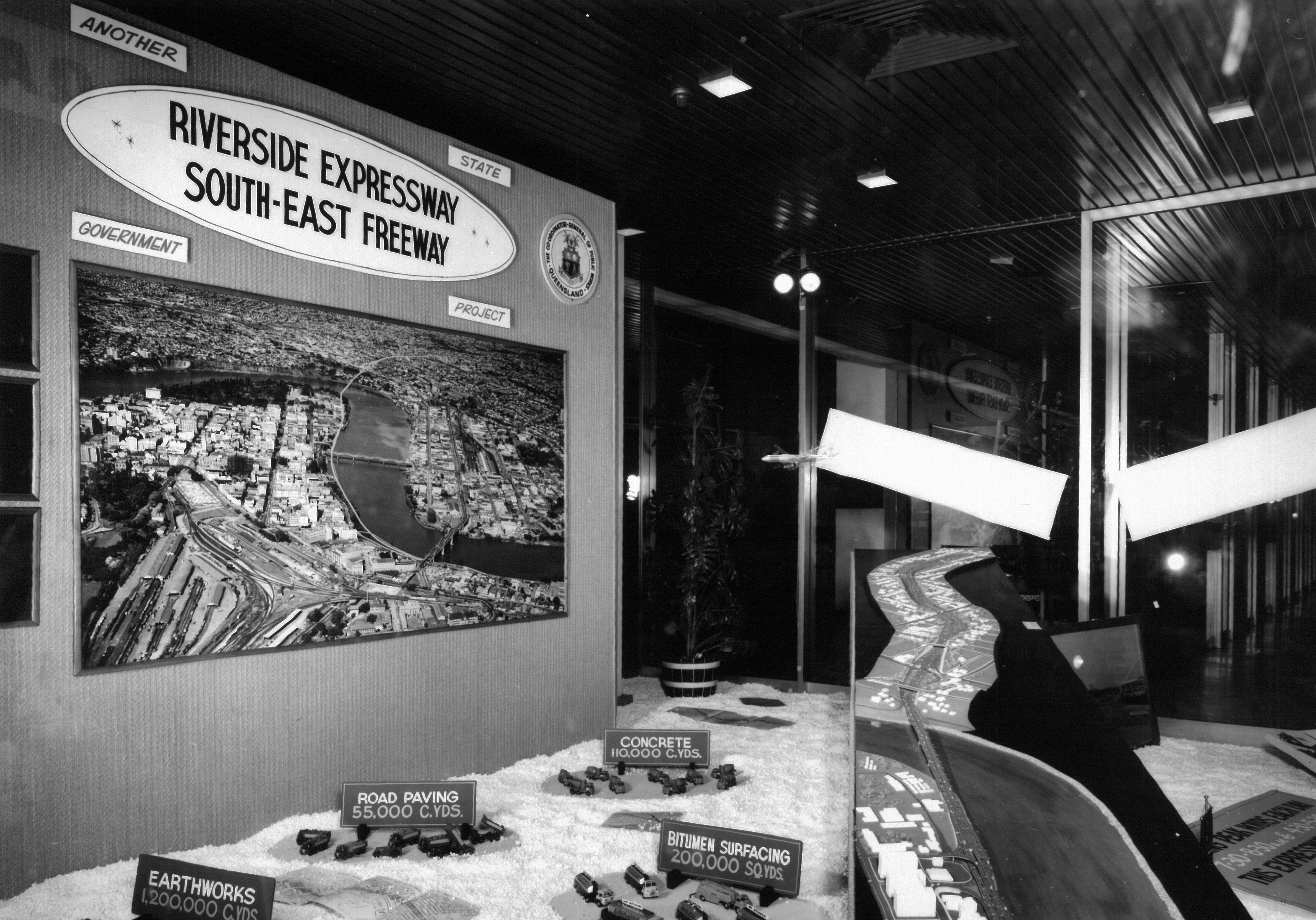 Main Roads Department display in window of Qantas House 1967 - Story Bridge Expressway