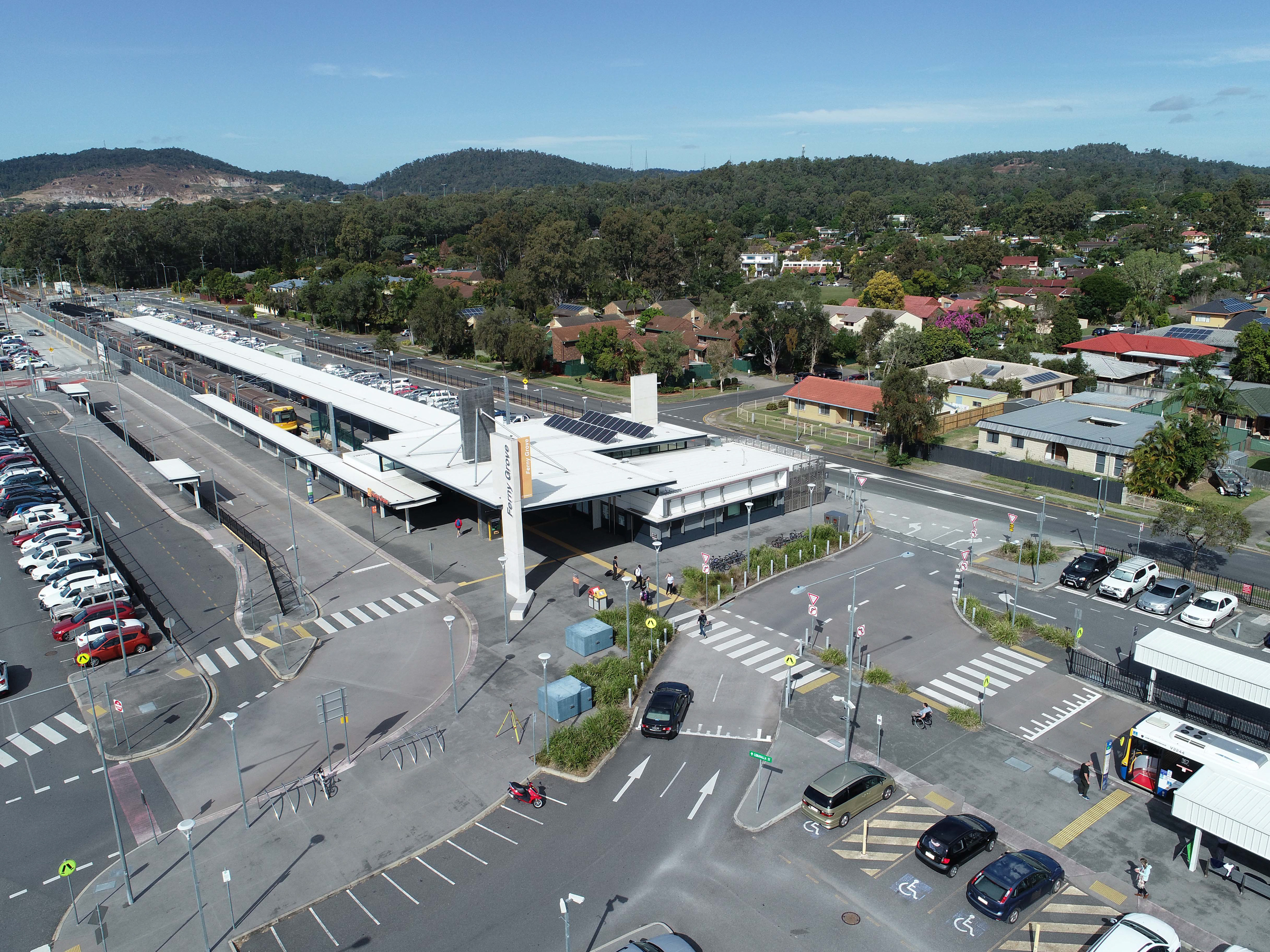Aerial photograph of Ferny Grove train station, showing the drop off and park and ride areas