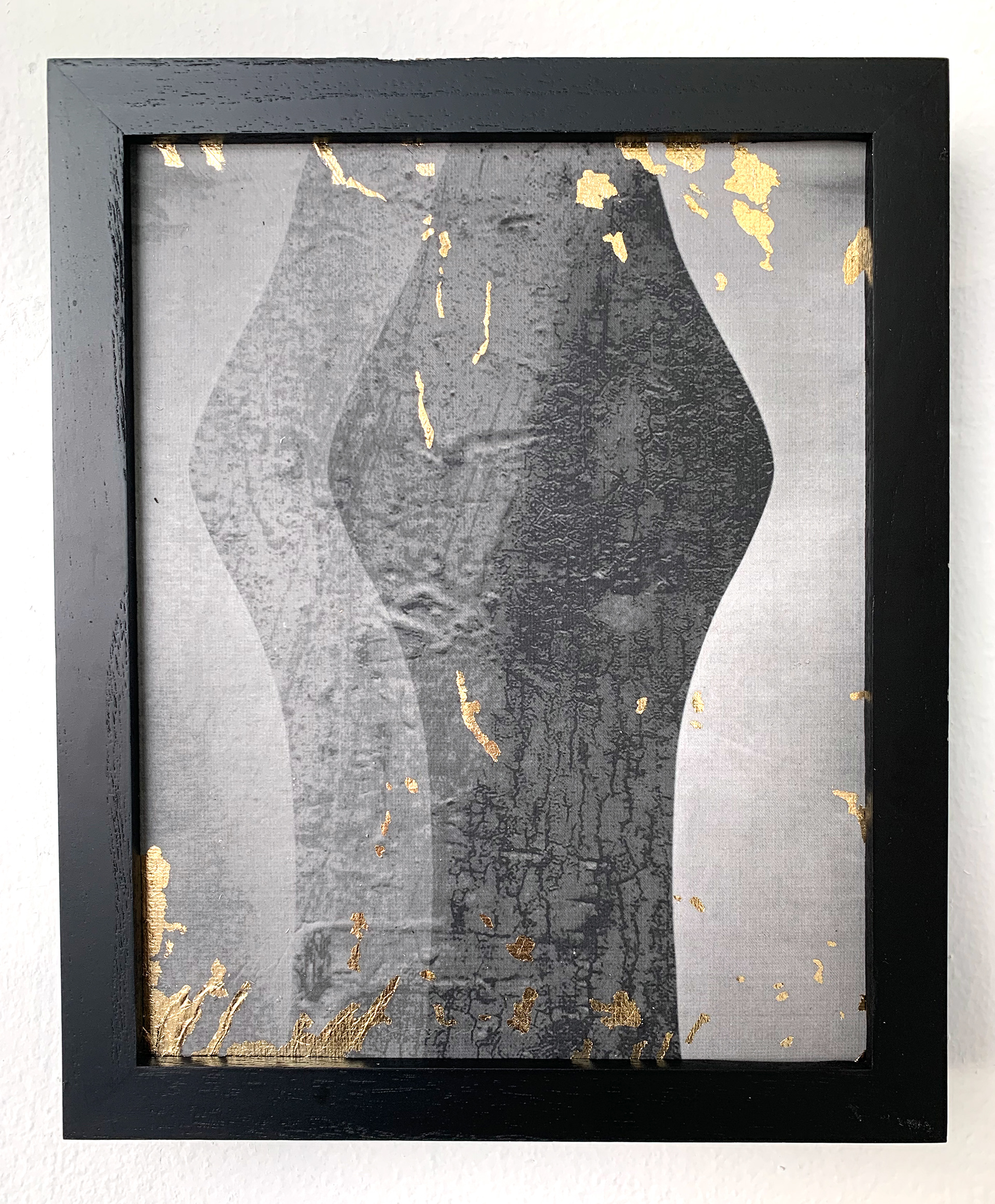Disintegrate 5, 2020, acrylic, toner and composite gold leaf on canvas board, 10 x 8 inches