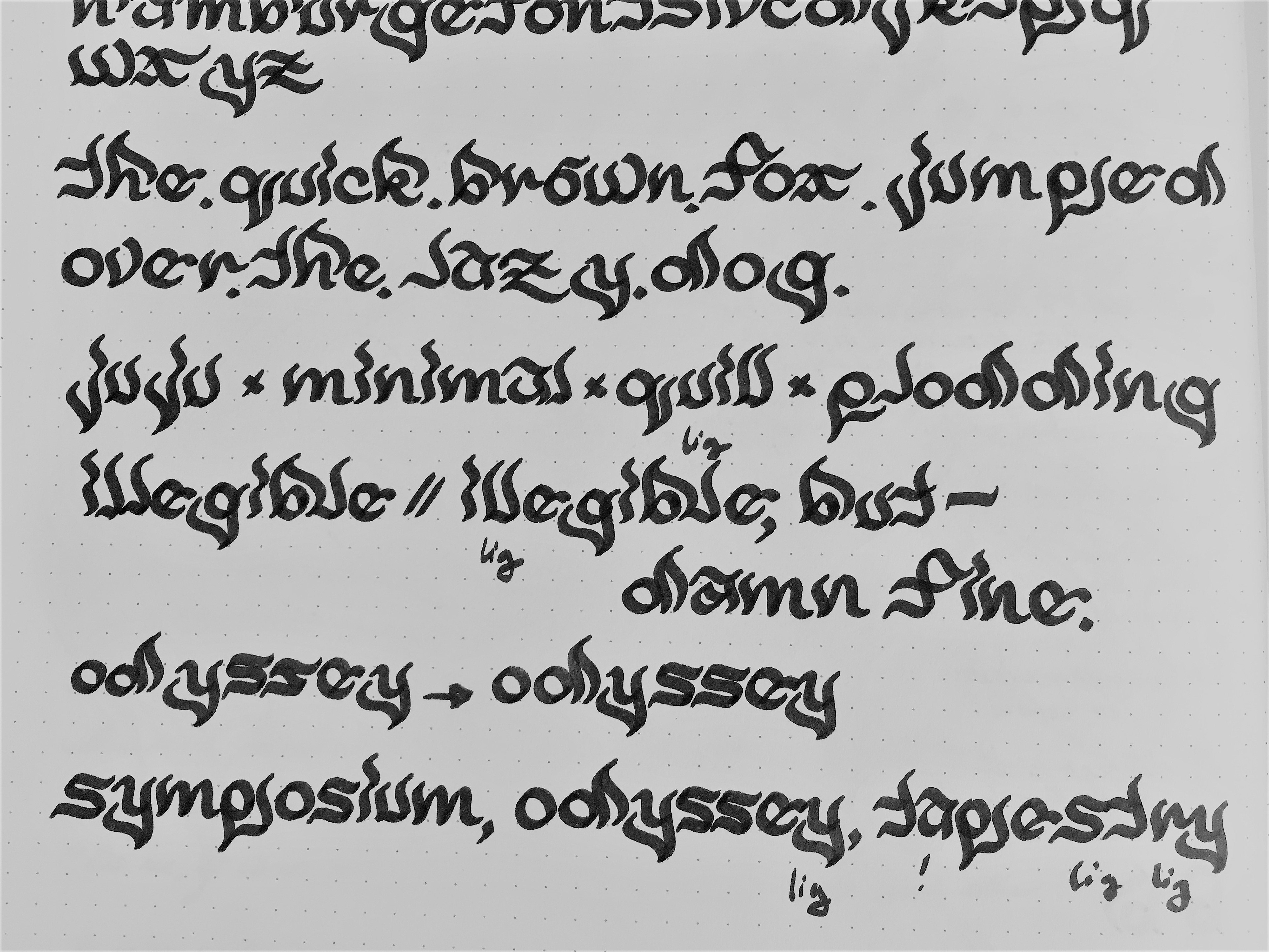 Initial calligraphic sketches, done by hand.