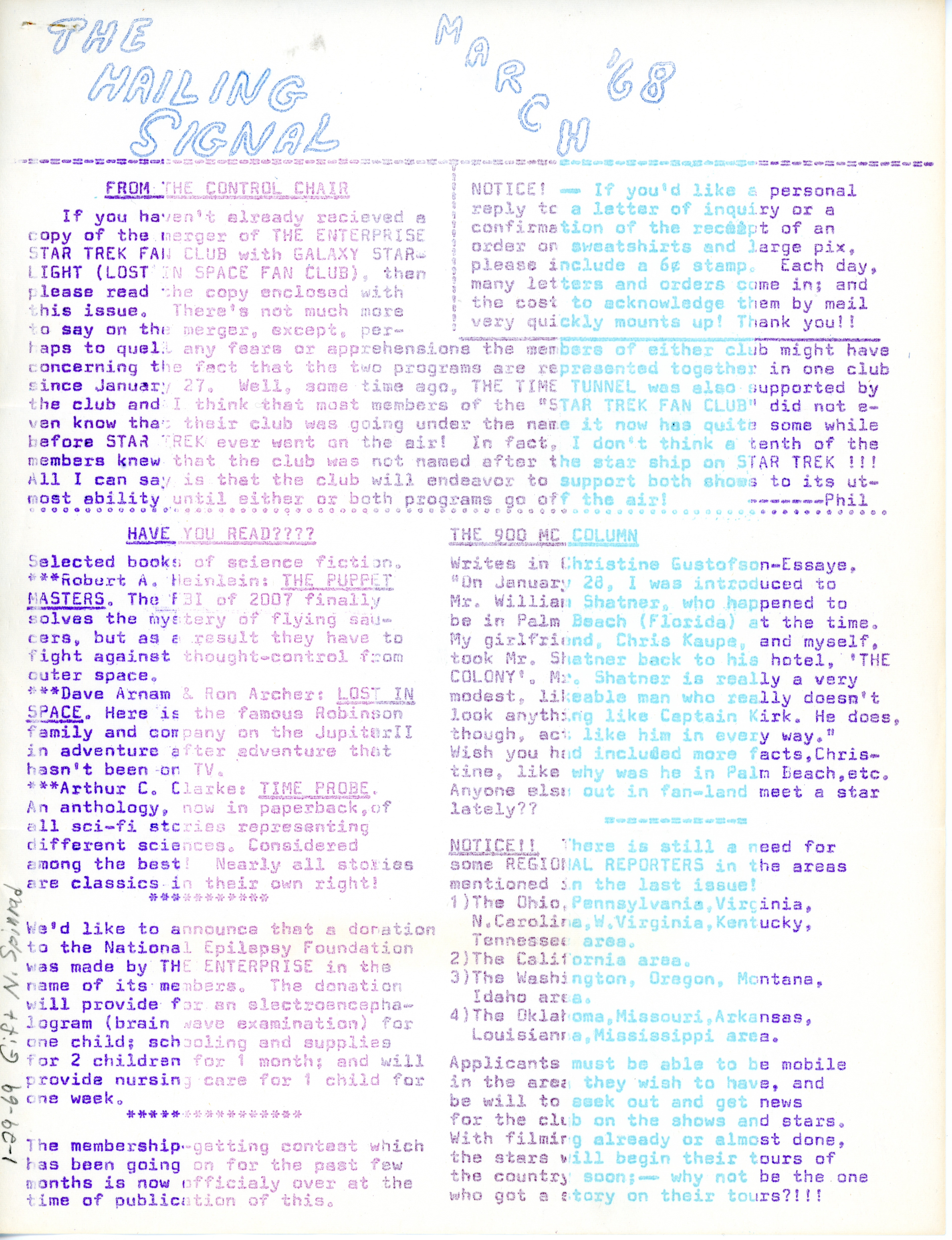 The Hailing Signal, The Enterprise Science Fiction Club. (March, 1968).
