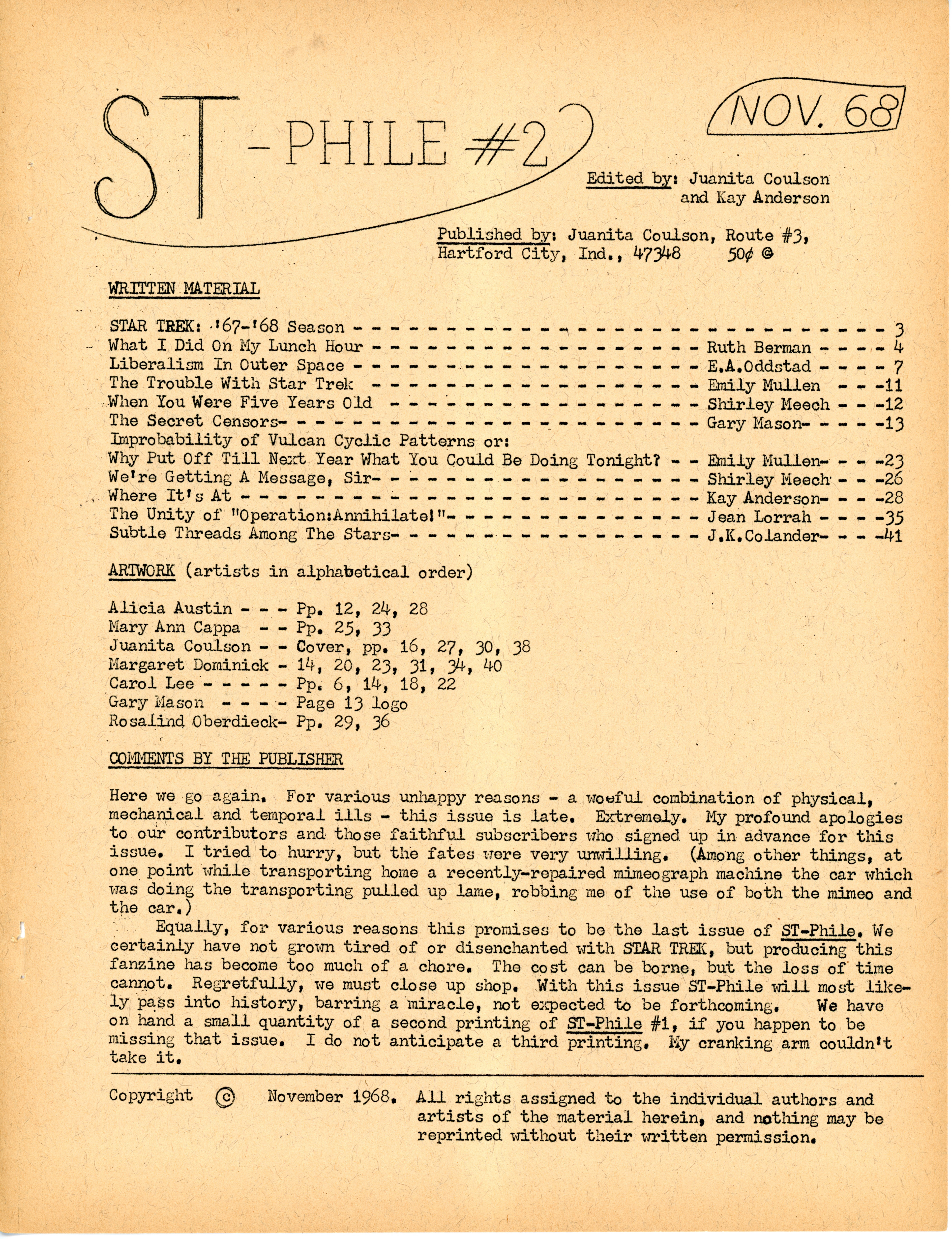 Contents, ST-Phile No. 2 (November, 1968)