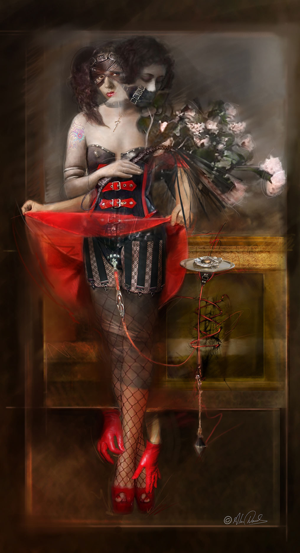 For the want of a chocolate, a young lady with an alter ego wearing a black snd red corset, garter belt, fence net stockings high heels and carrying flowers.