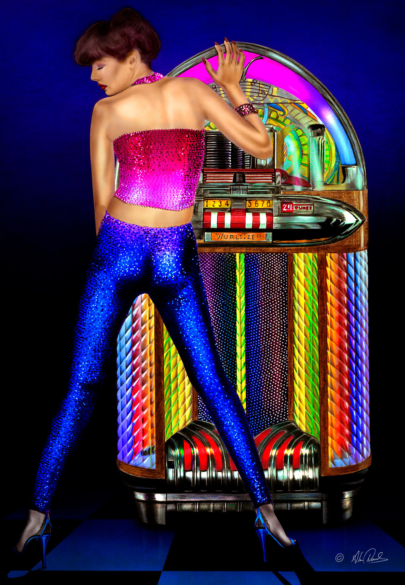 A lady in sequined clothing standing in front of a bubbler juke box.