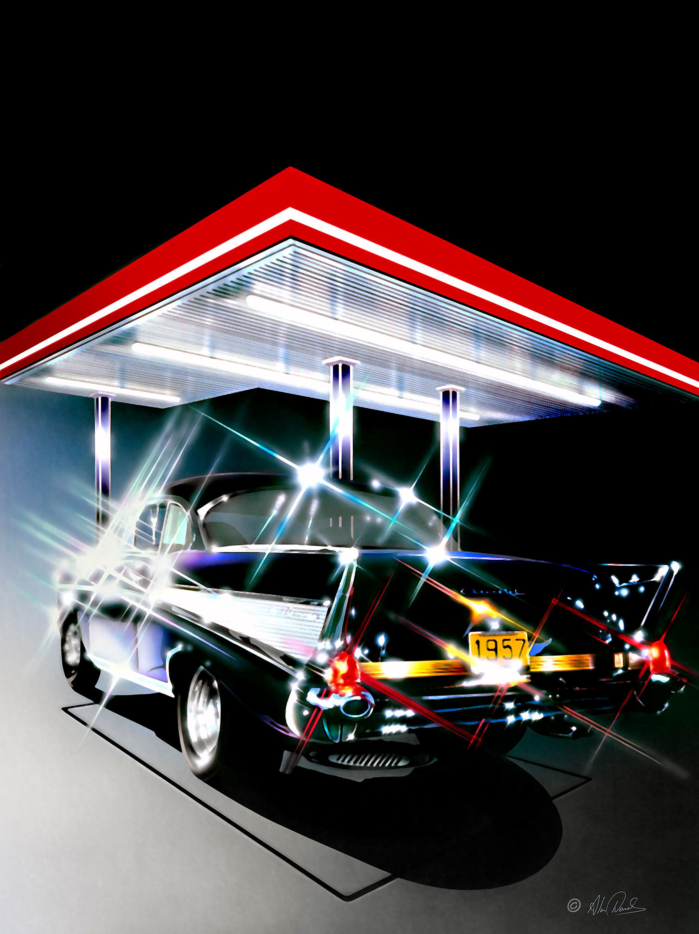A 1957 Chevrolet Belair, at a gas station.