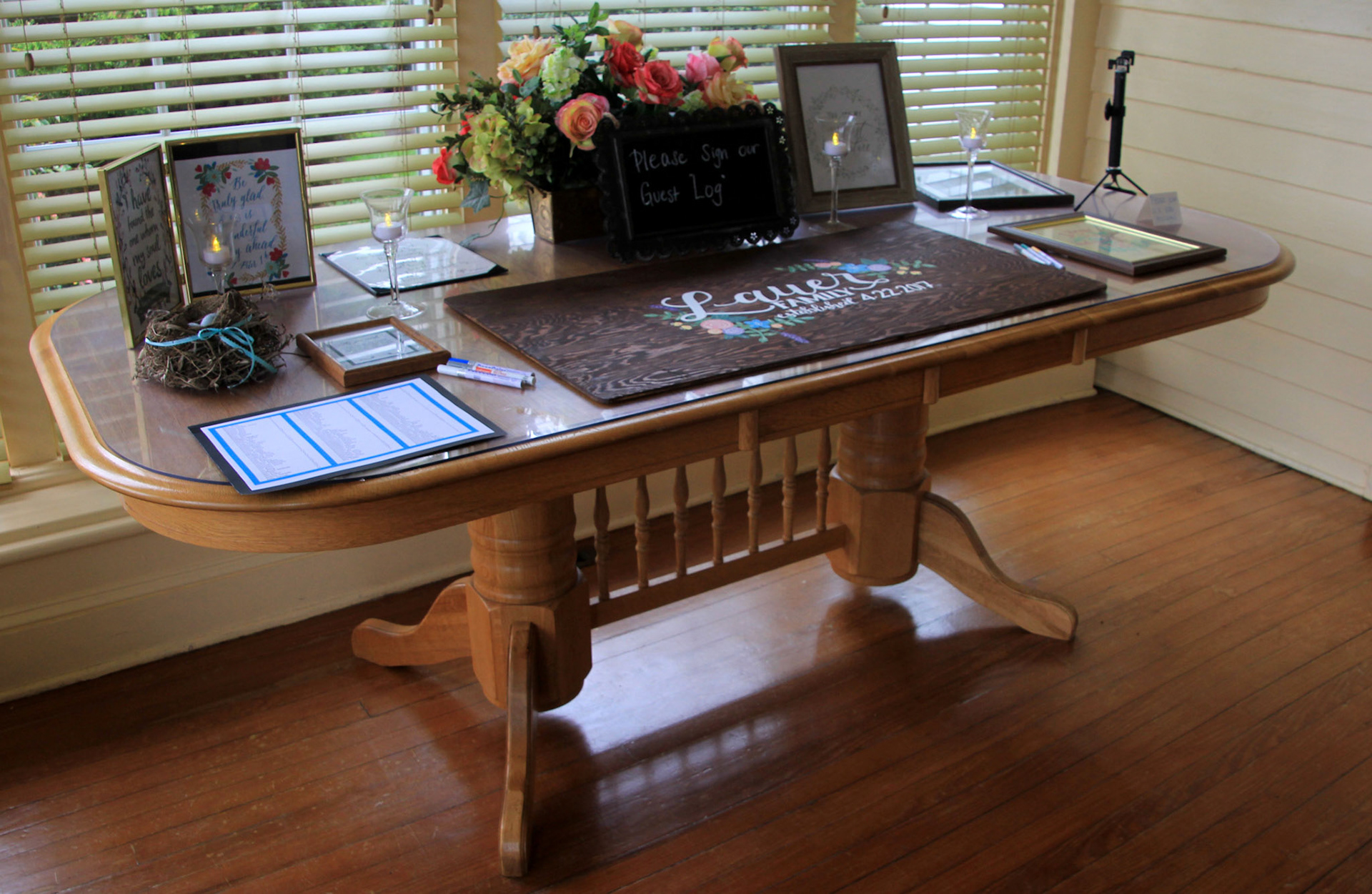 the large sign was used as a guest book at their wedding.