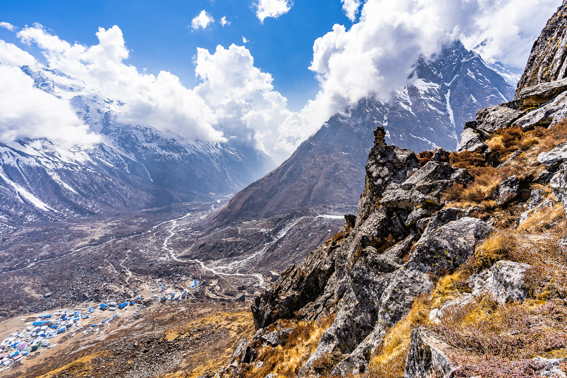 View of Kyanjin Gompa village from Kyanjin Ri.