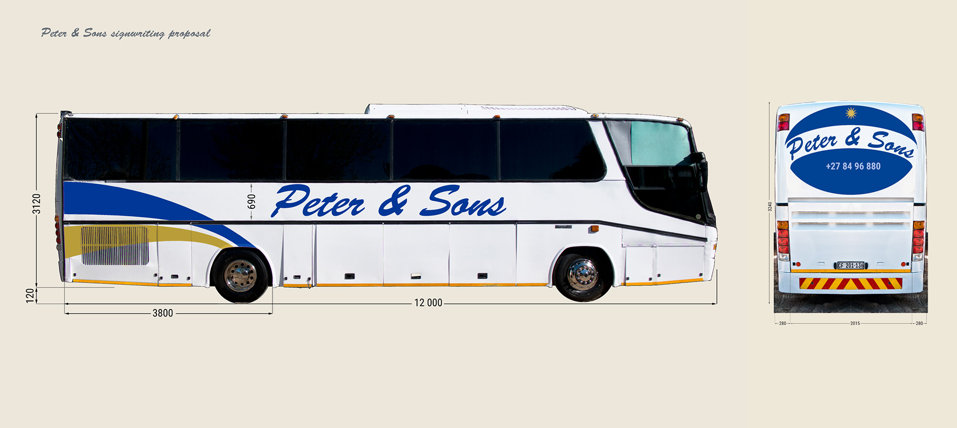 Design for the lettering of the bus company of Peter Jephtas and sons in Franschhoek, South-Africa.