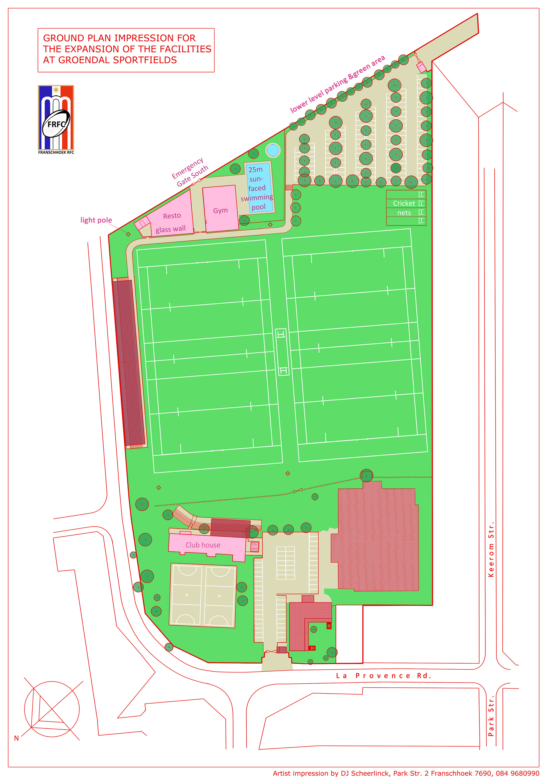 A plan drawing and artist impression requested by local lobby-groups to get support for the idea of upgrading the infrastructure of the Groendal Sports-field (South-Africa) to a first class recreational hub.