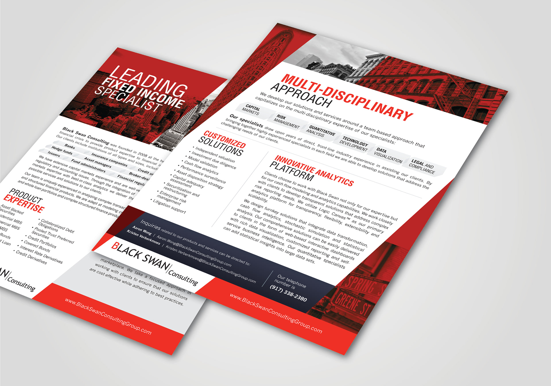 Fixed income specialist, Black Swan Consulting, financial information sheet, red and black, black and white photography, structured finance advisors, financial marketing, financial graphic design, structured finance marketing, structured finance graphic design, structured finance digital marketing, new york city, Linda Modica, LMID, Aaron Wong