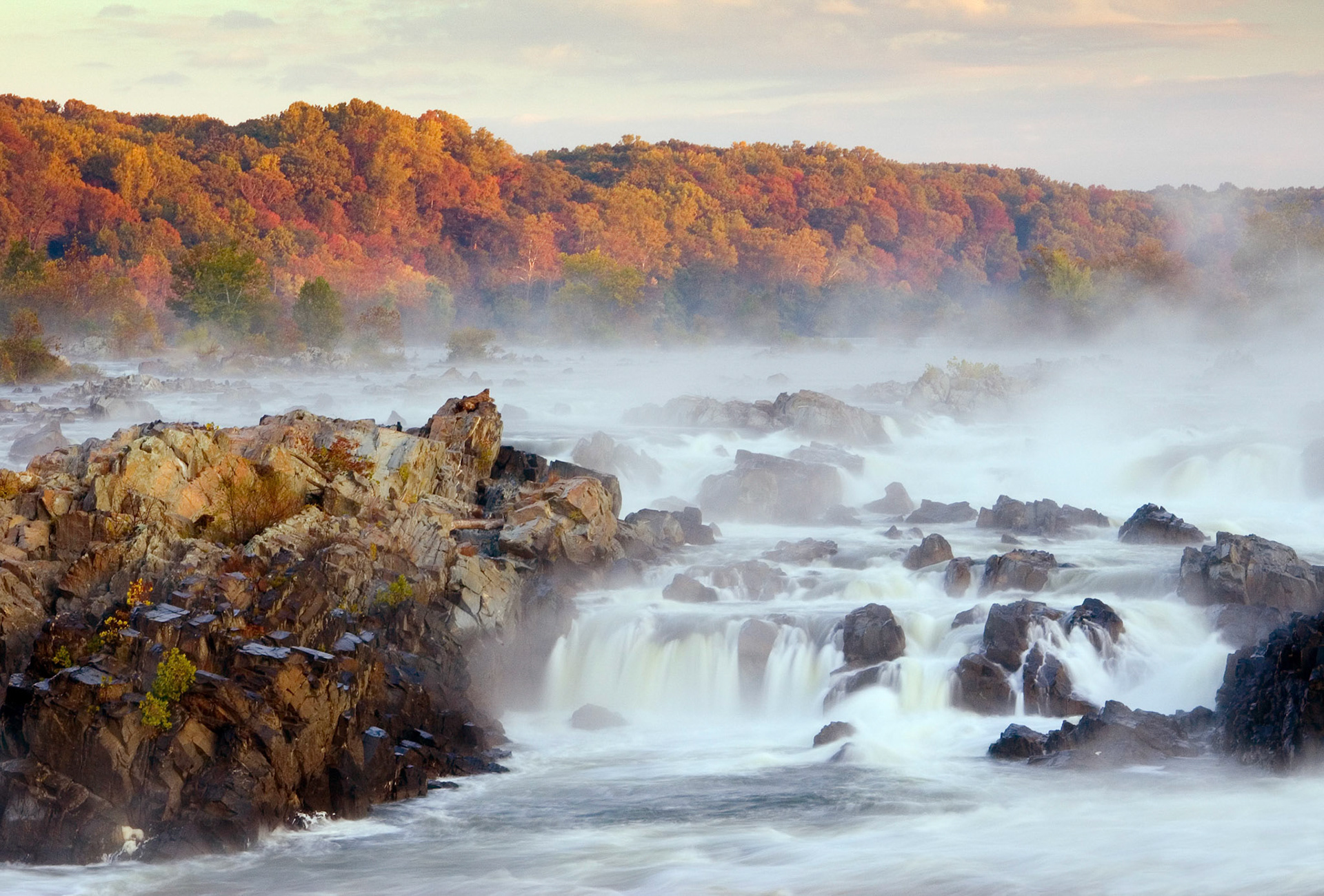 An early morning view of the waterfalls from the third overlook at Great Falls National Park in Virginia.