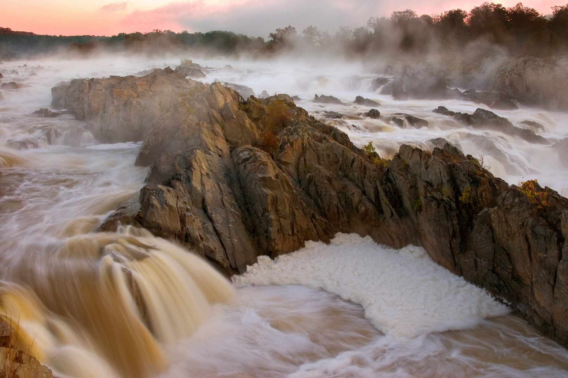 A wide angle shot of the falls at Great Falls National Park VA at dawn taken from the first overlook.
