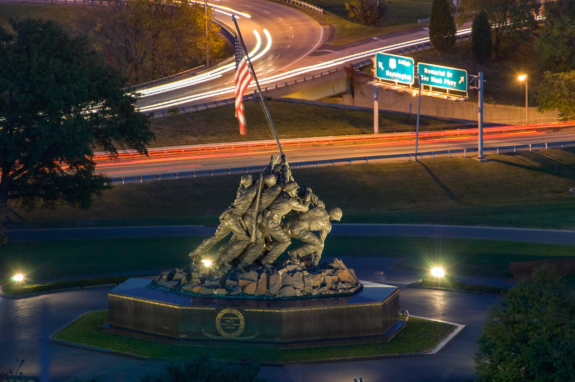 A view of the Iwo Jima Memorial in Arlington Virginia from the Top of the Town. It's officially called the United States Marine Corps War Memorial.