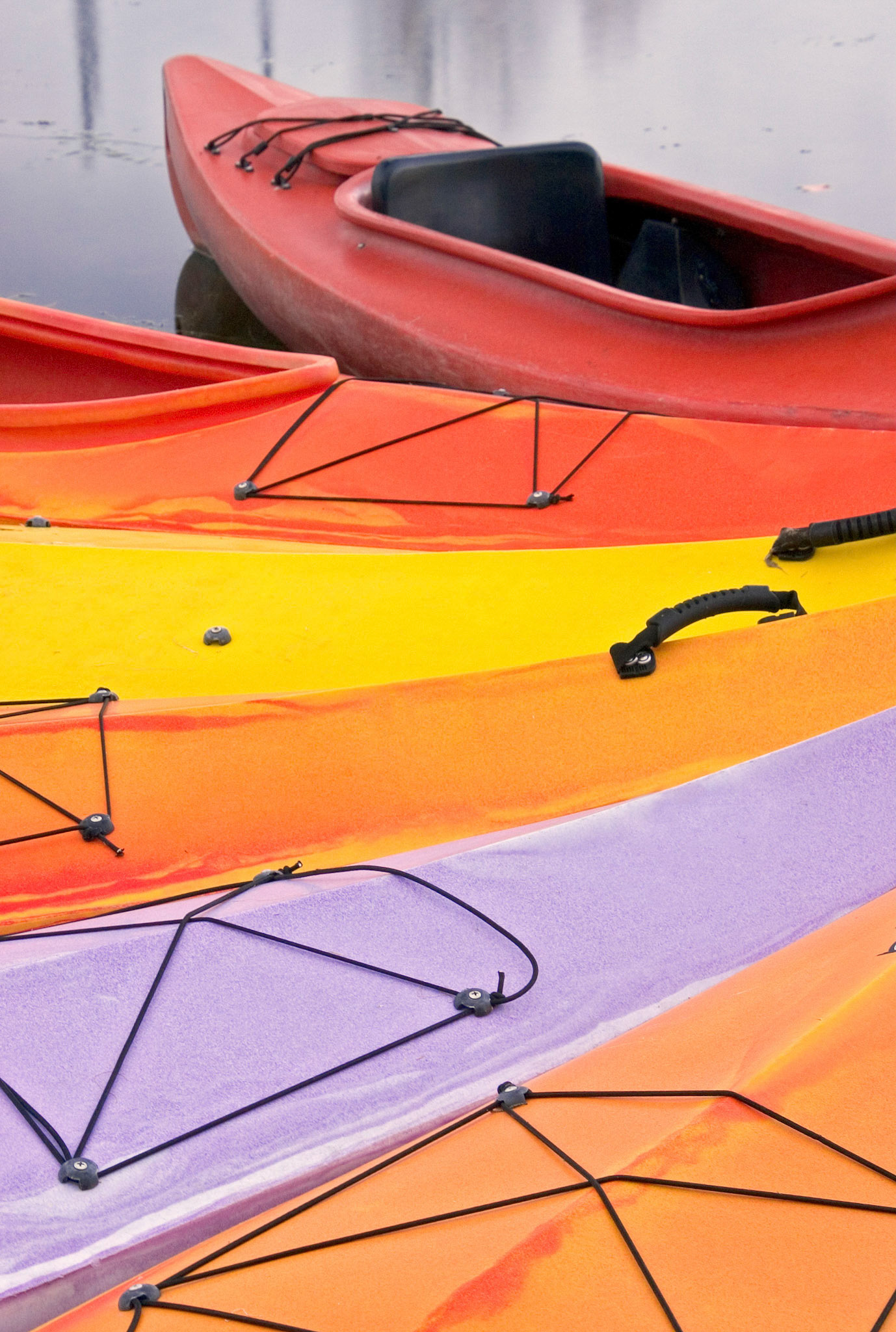 These colorful kayaks are on Dow's Lake in Ottawa, Ontario, Canada.