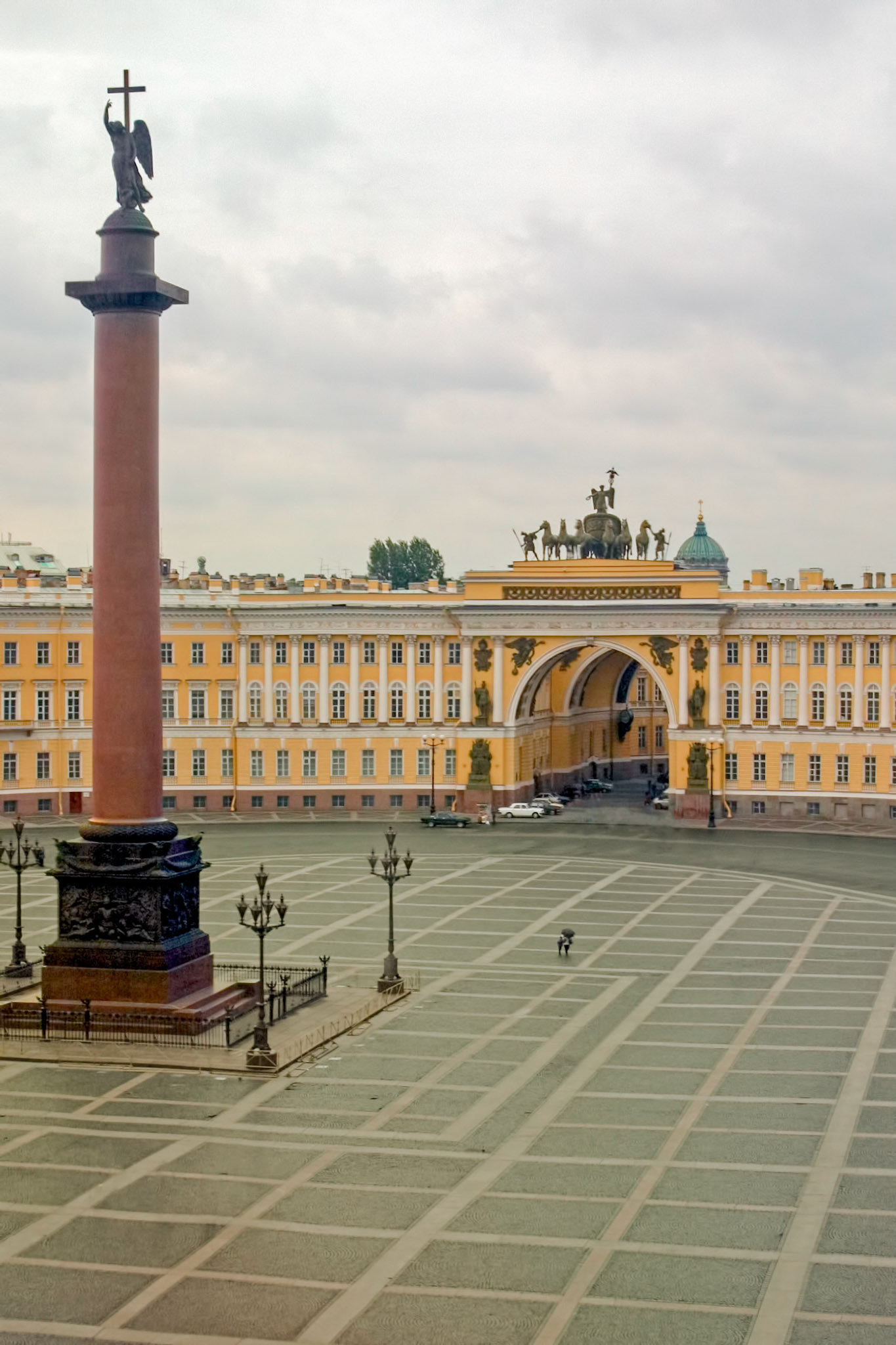 View of Palace Square with the Alexander Column and the General Staff Building in the background taken from a room in the Hermitage Museum in St. Petersburg, Russia.
