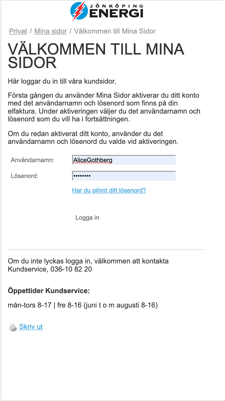 Jönköping energi original customer portal, log in form