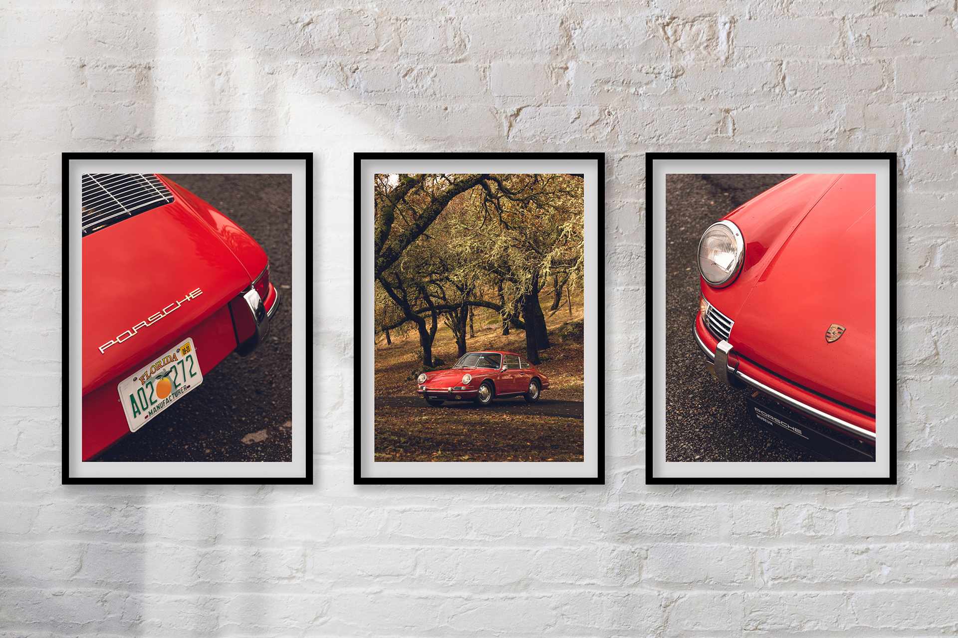 FIRST: The original Porsche 901, courtesy of the Porsche Museum Stuttgart, photographed during its brief time in the U.S on Florida plates. Each image is available separately, or as a triptych.
