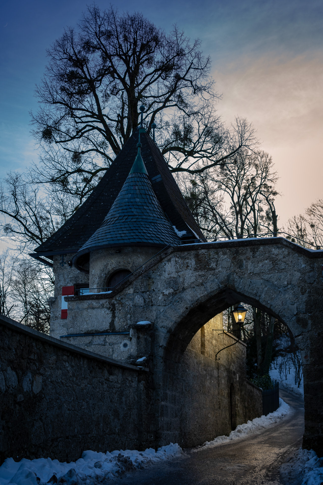 Part of the fortress on the Mönchsberg, photographed in the blue hour