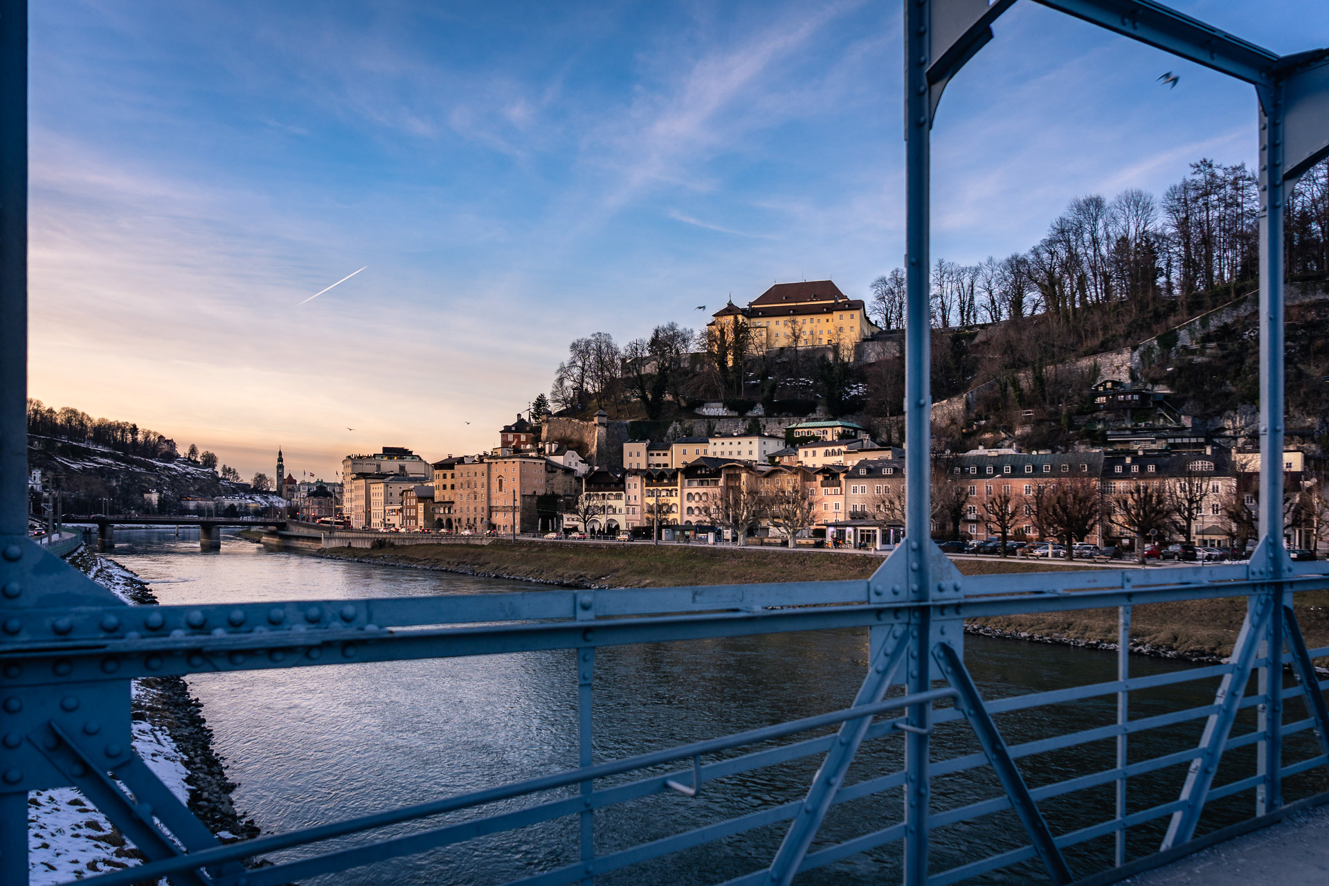 View from the pedestrian bridge Mozartsteg to the Capuchin Monastery on the Kapuzinerberg