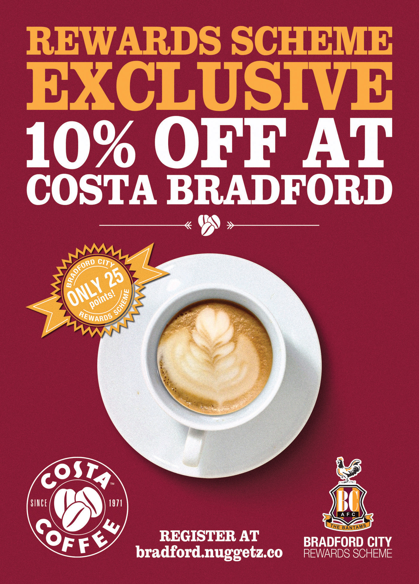 Bradford City Rewards Scheme poster advertising an exclusive deal at Costa Coffee Bradford. © 2018 David Gilmore Design