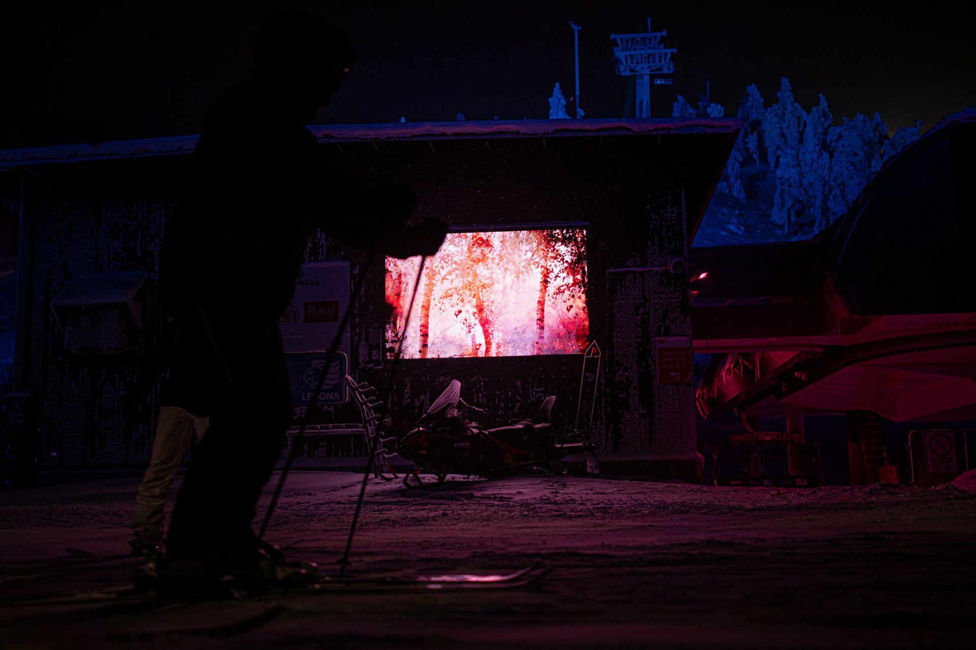 Merle Karp's video piece Hehku installed at Polar Night Light Festival at Ruka