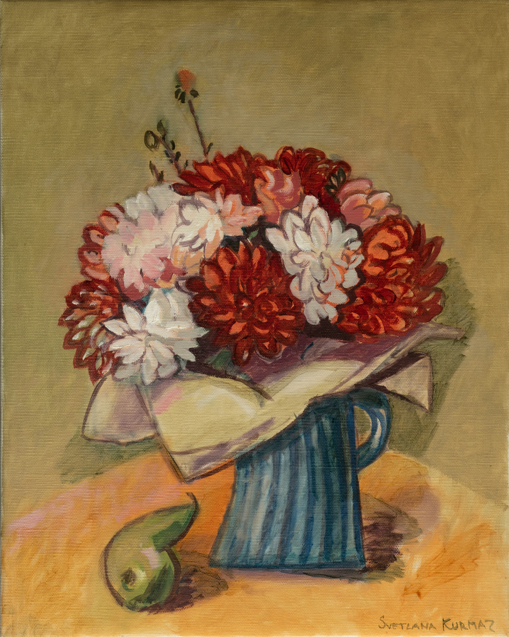 BOUQUET OF DAHLIAS IN STRIPED VASE, oil on canvas, 50x40x2cm, 2020