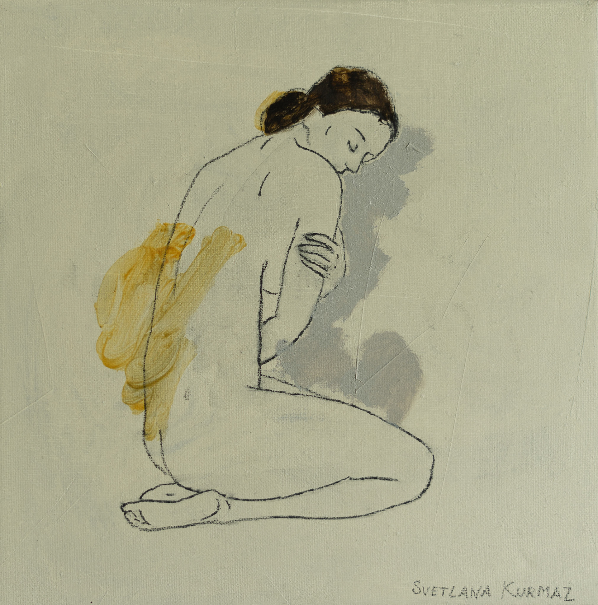 FIRURE WITH THE GREY AND YELLOW, charcoal and oil on canvas, 22x22cm.