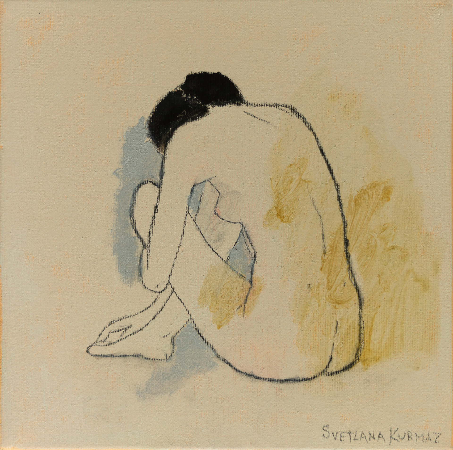 FIRURE WITH THE GREY AND YELLOW, charcoal and oil on canvas, 20x20cm. /SOLD/