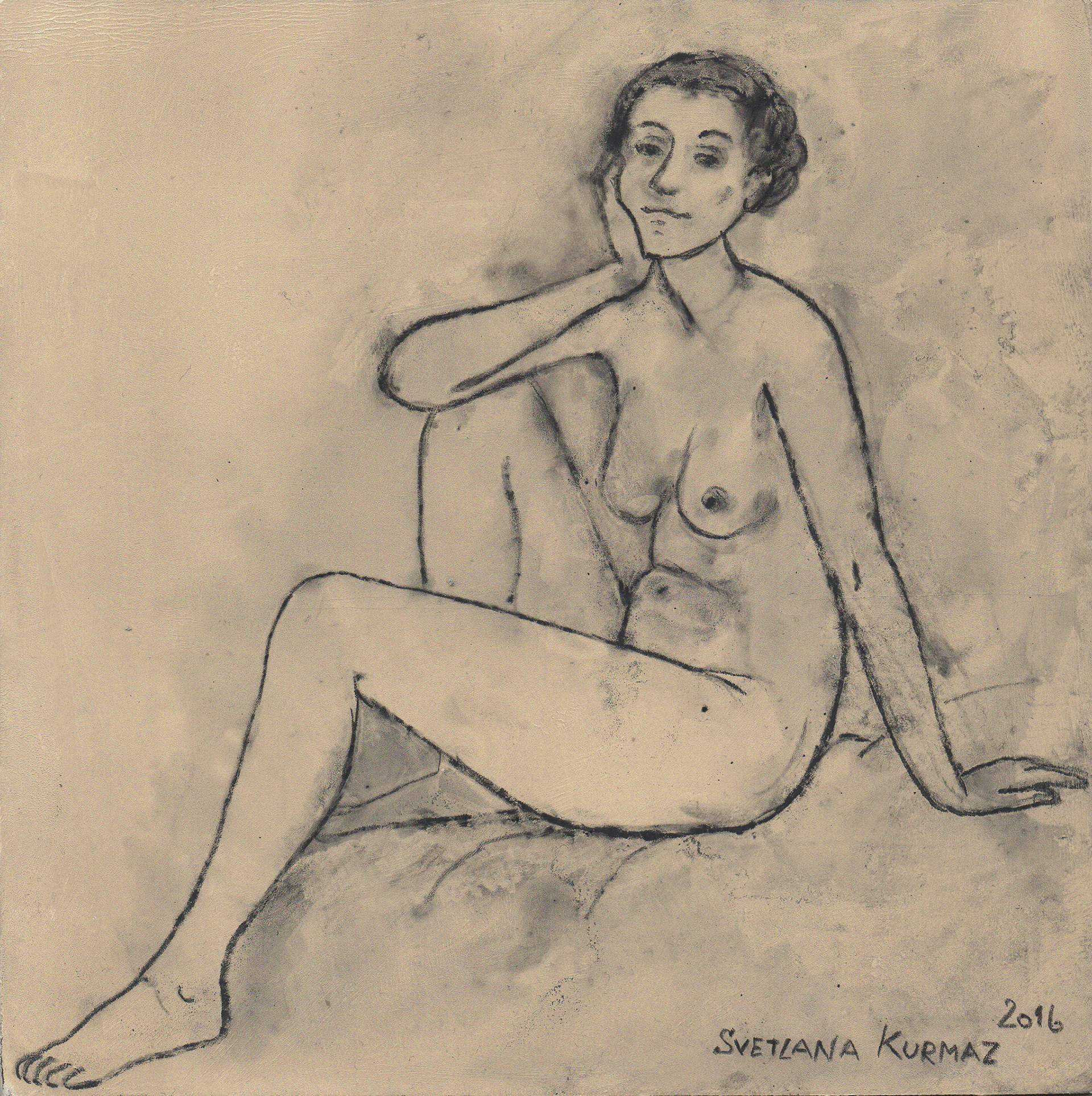 NUDE BATHER, charcoal on canvas, 22x22cm.