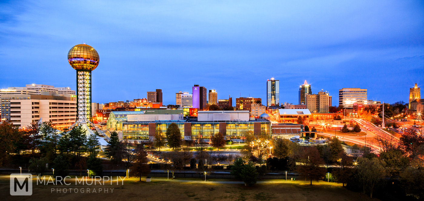 Downtown Knoxville Tennessee Skyline at Night with the Sunsphere, World's Fair Park and Buildings