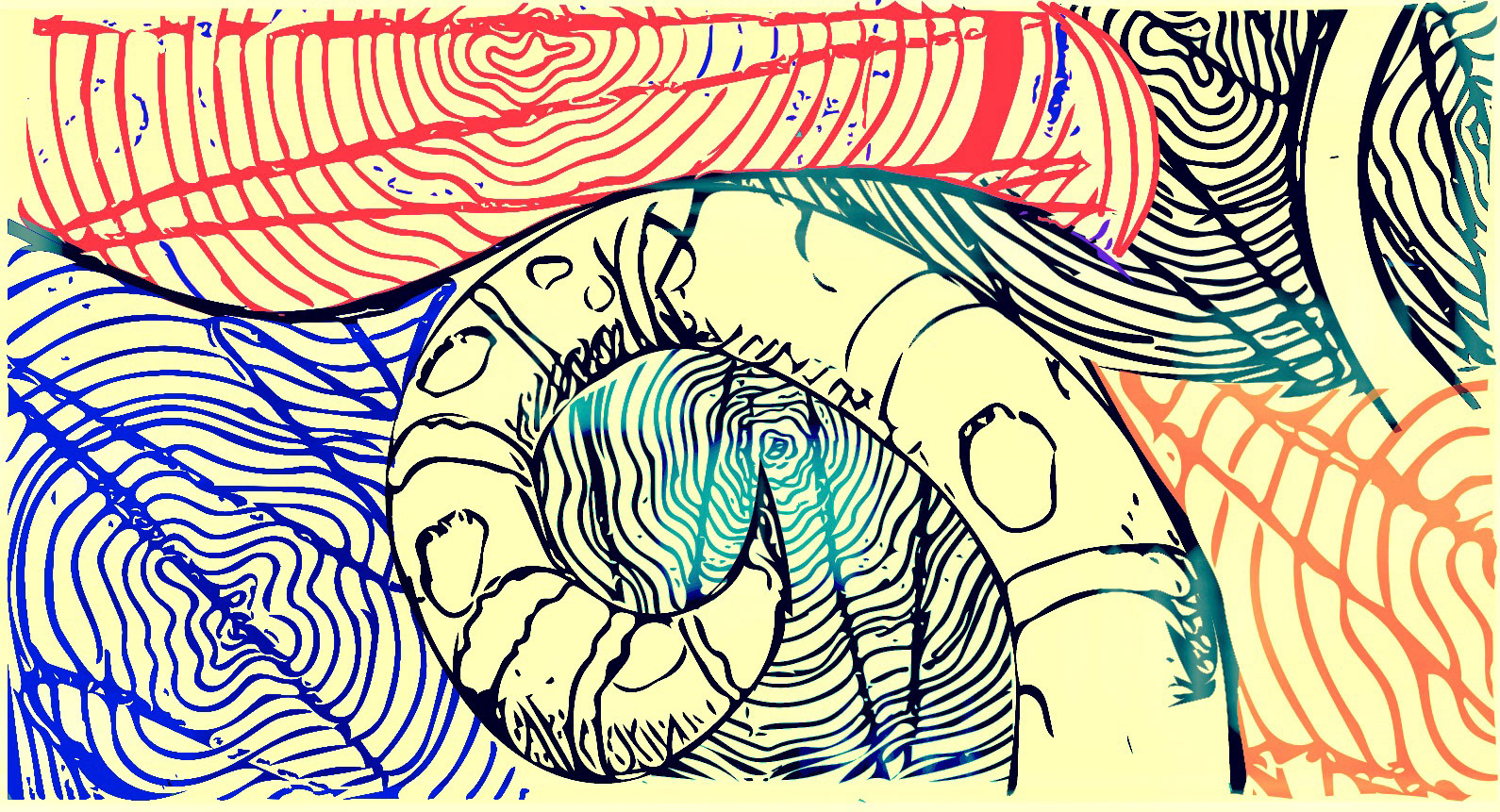 Abstract drawing with pen & paper, and digital colorization.