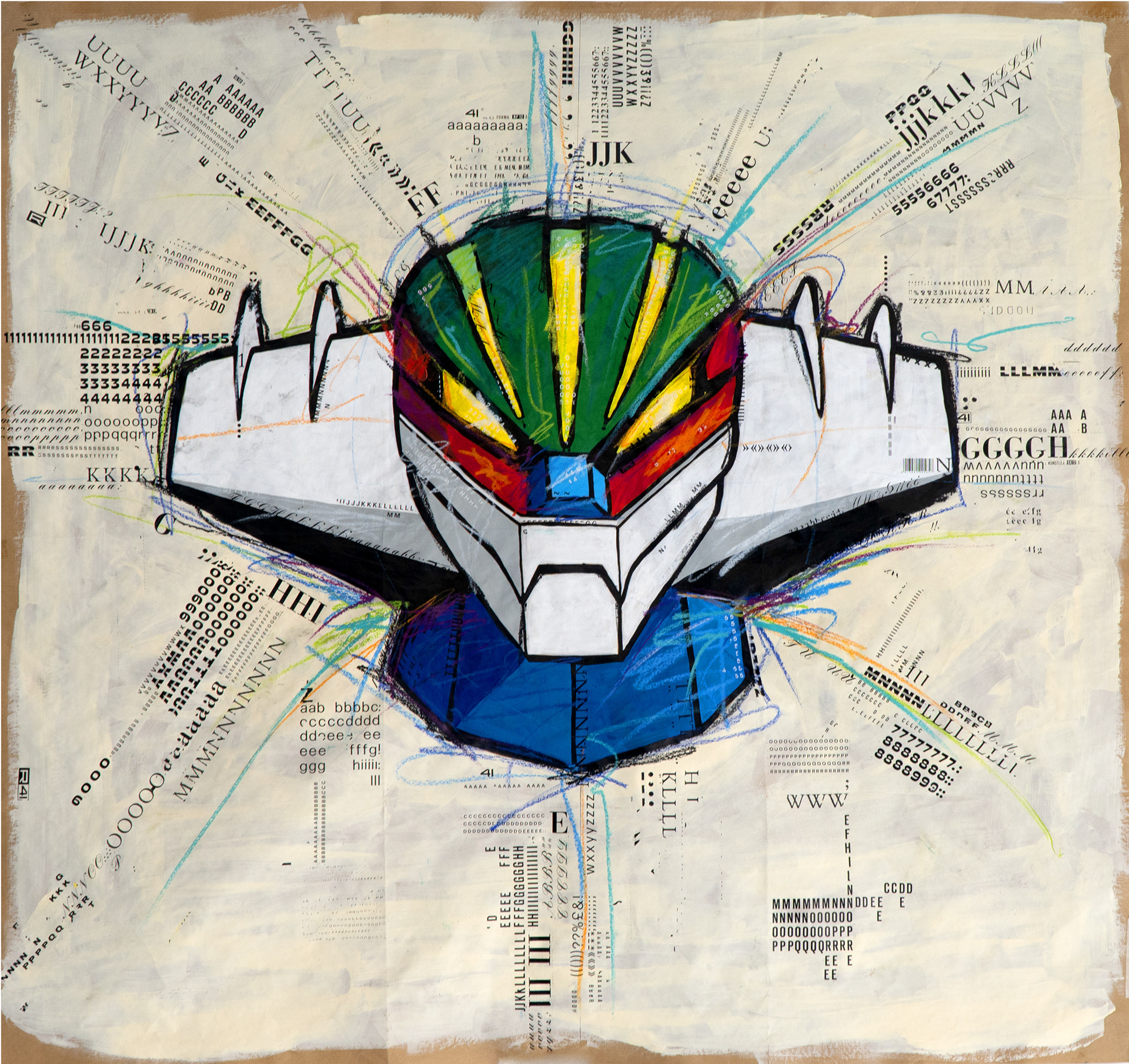 “Jeeg” Acrylic color, dry-transfer lettering on wrapping paper 100x100 cm - 2020