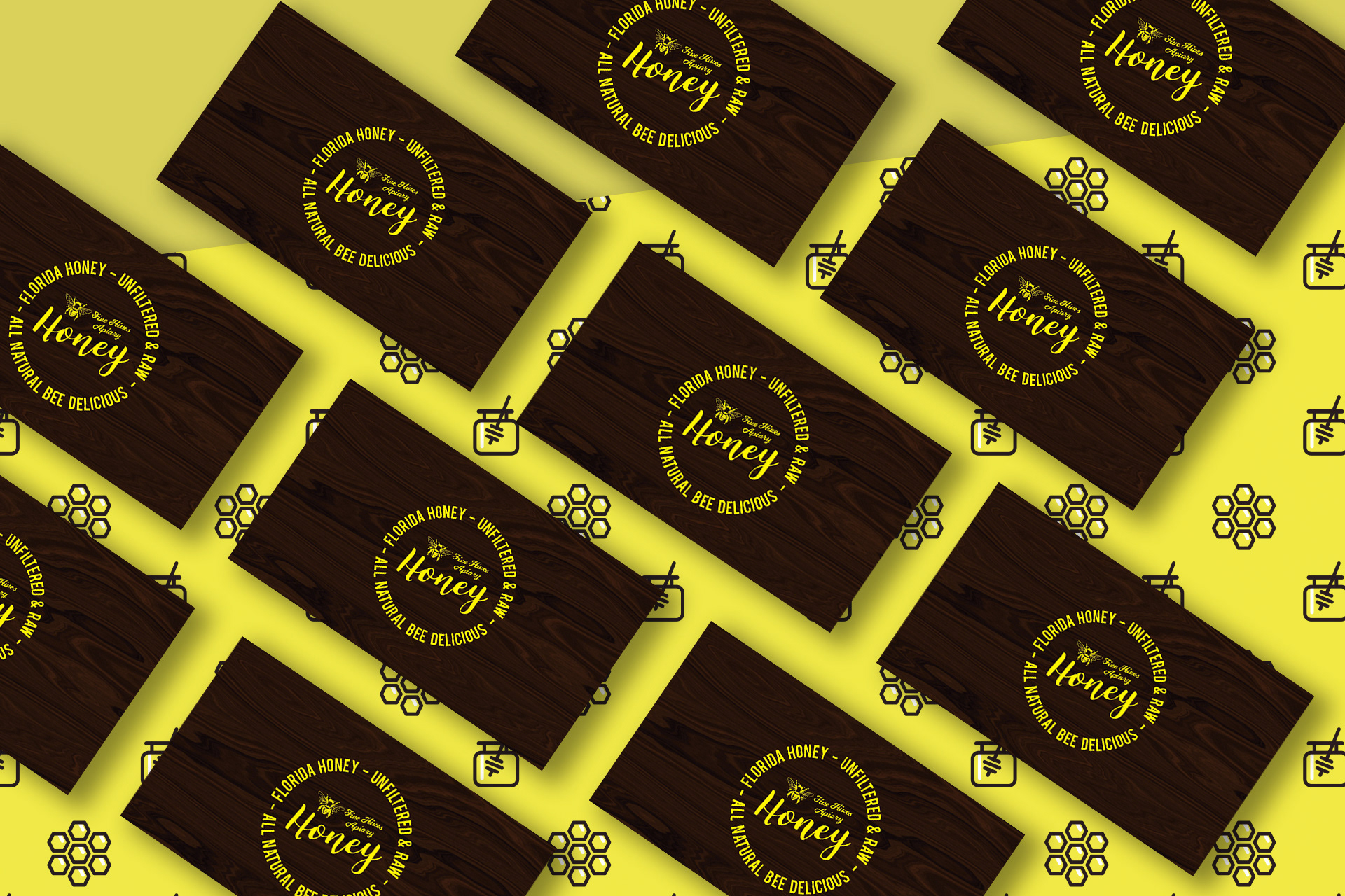 Business card design for a local beekeeper business. Five Hives Apiary is a all natural honey.