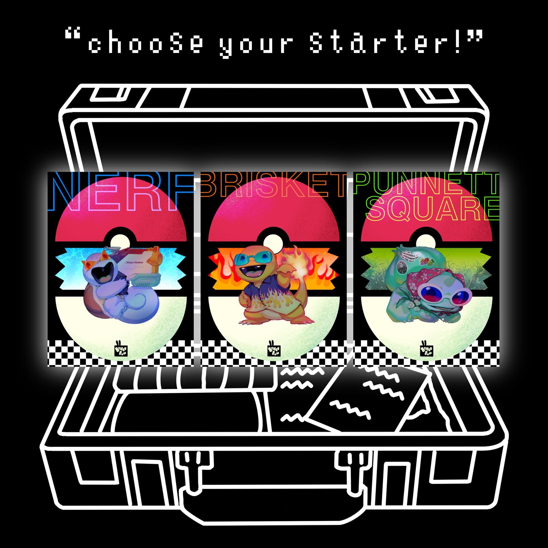 Packaging and display design for "Kanto Starters acrylic charms", Pokemon fan merch