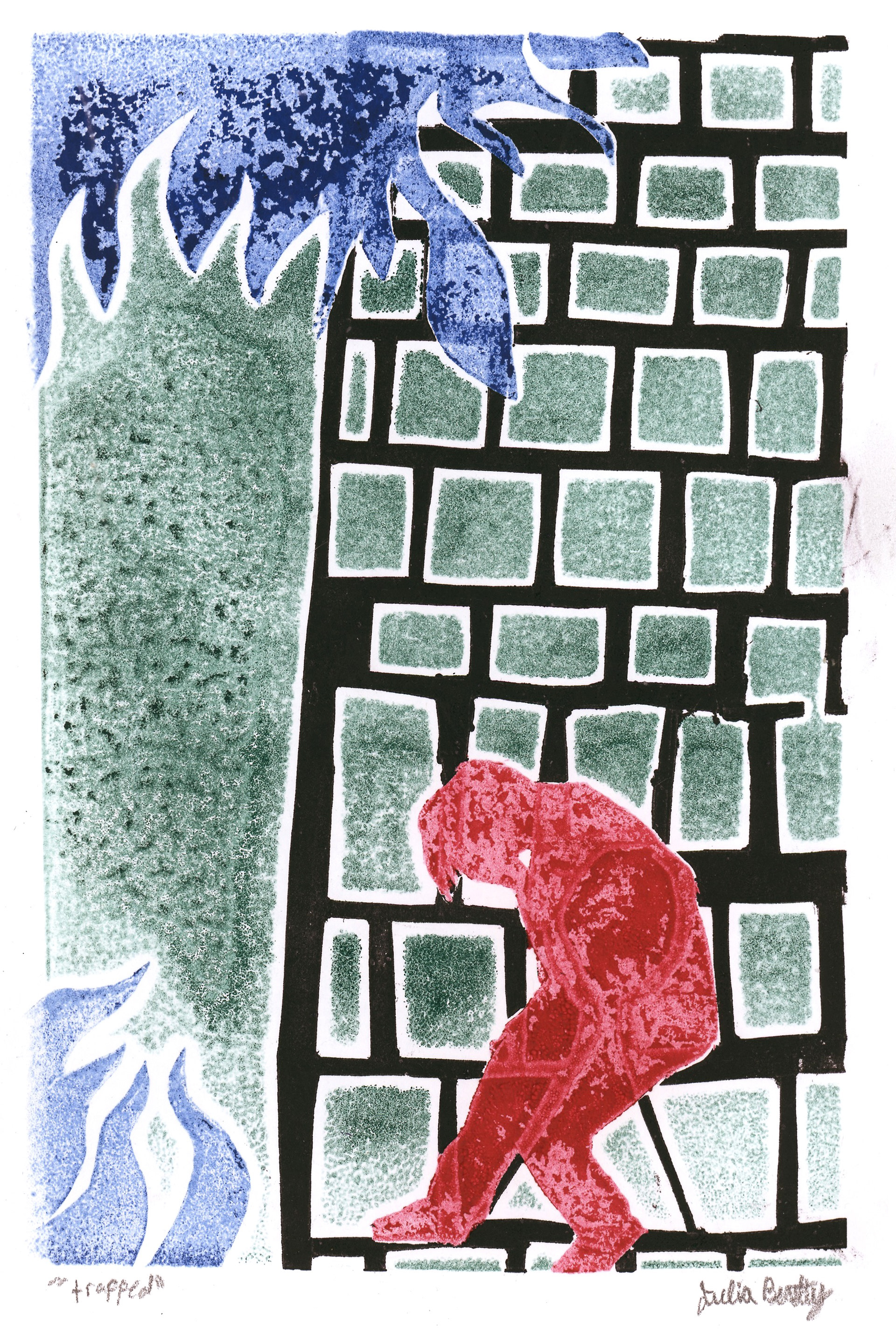 Julia Beatty, Grade 11, Canterbury High School. Trapped, Printmaking. Vicki Junk-Wright, Educator.