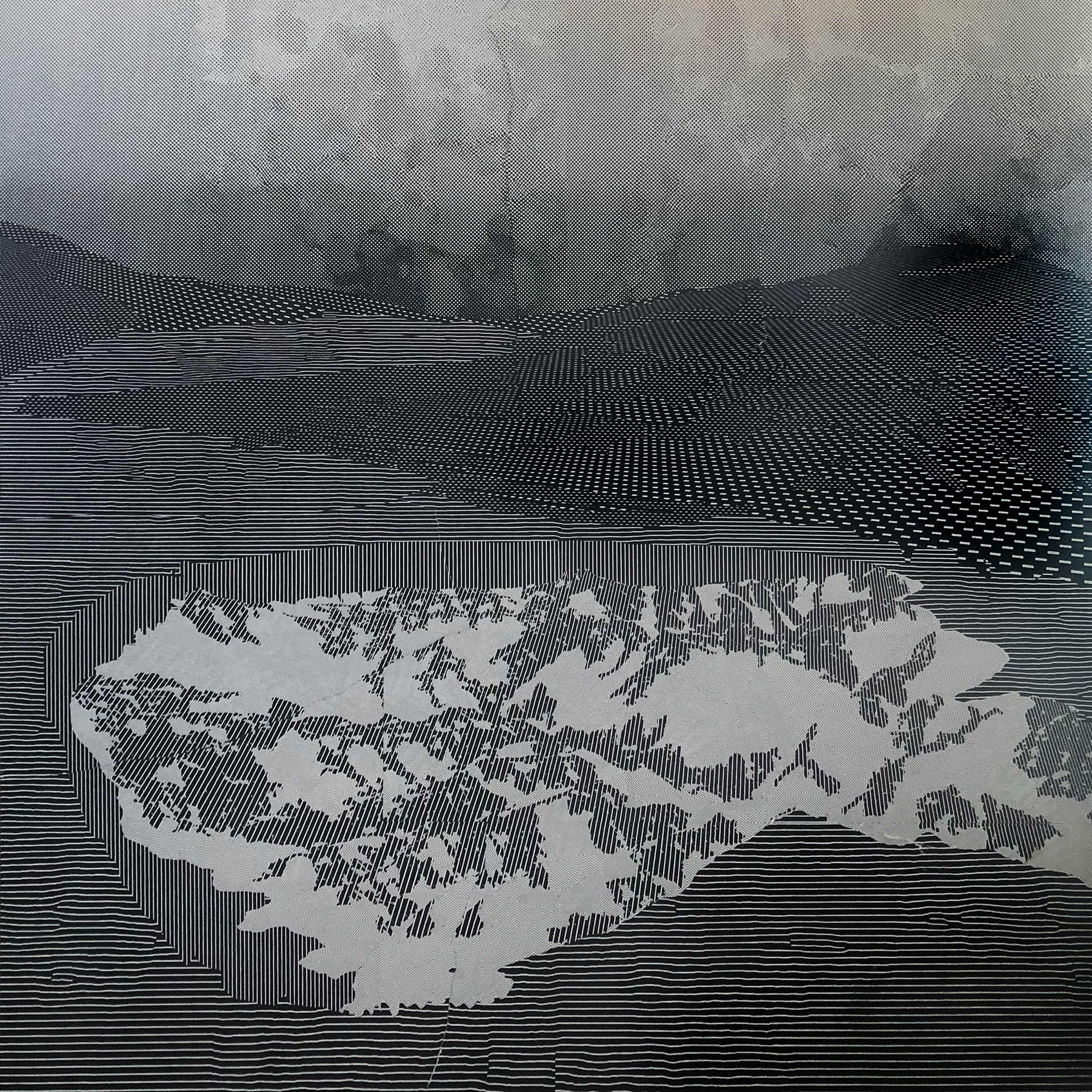 Batagaika Crater, 24" x 24", archival carbon print, collage on wood panel 2019