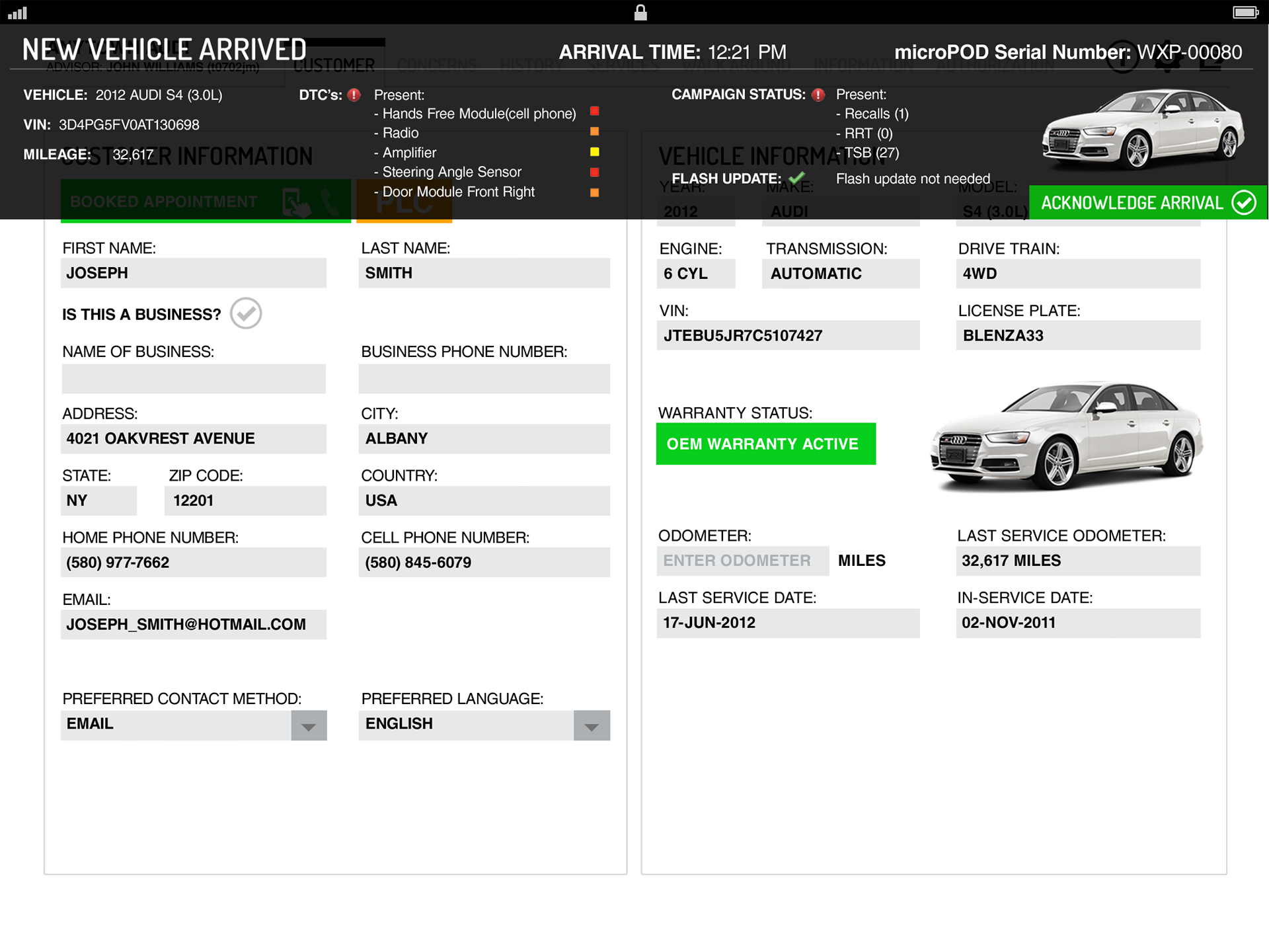 notification of a new cutomer arriving