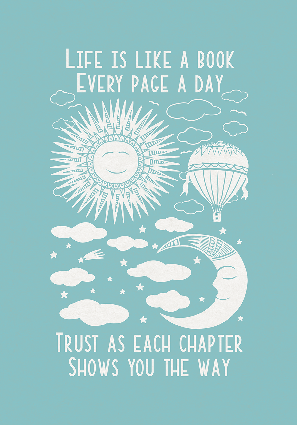Retro Moon, Sun and Hot Air Balloon Illustration Blue