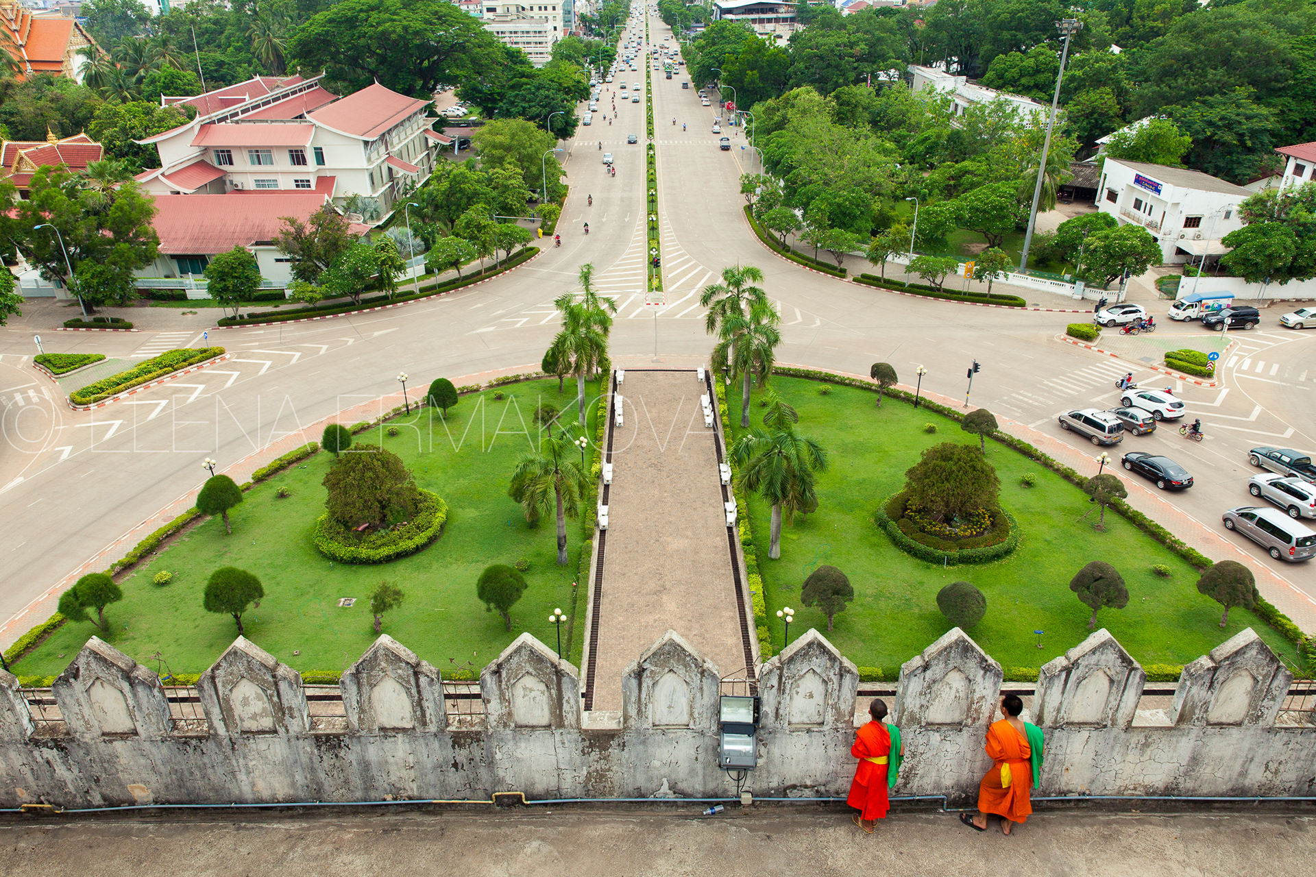 Novice monks on the top of Patuxai monument, Vientiane, Laos.